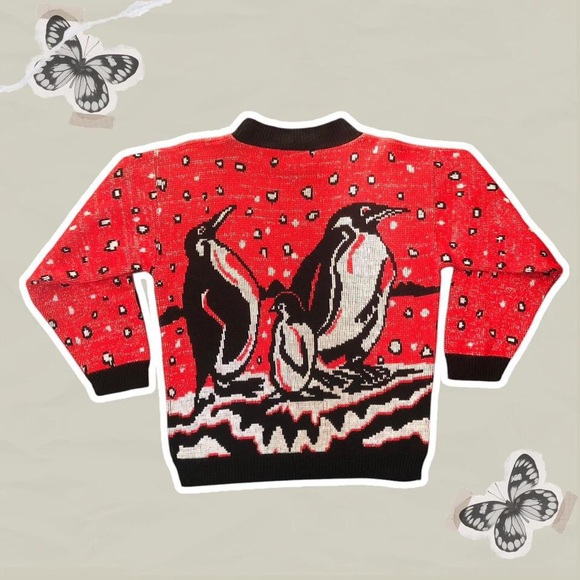 Women’s Vintage Turtle Bay Red and Black Penguin Chunky Knit Novelty Sweater - Picture 3 of 7